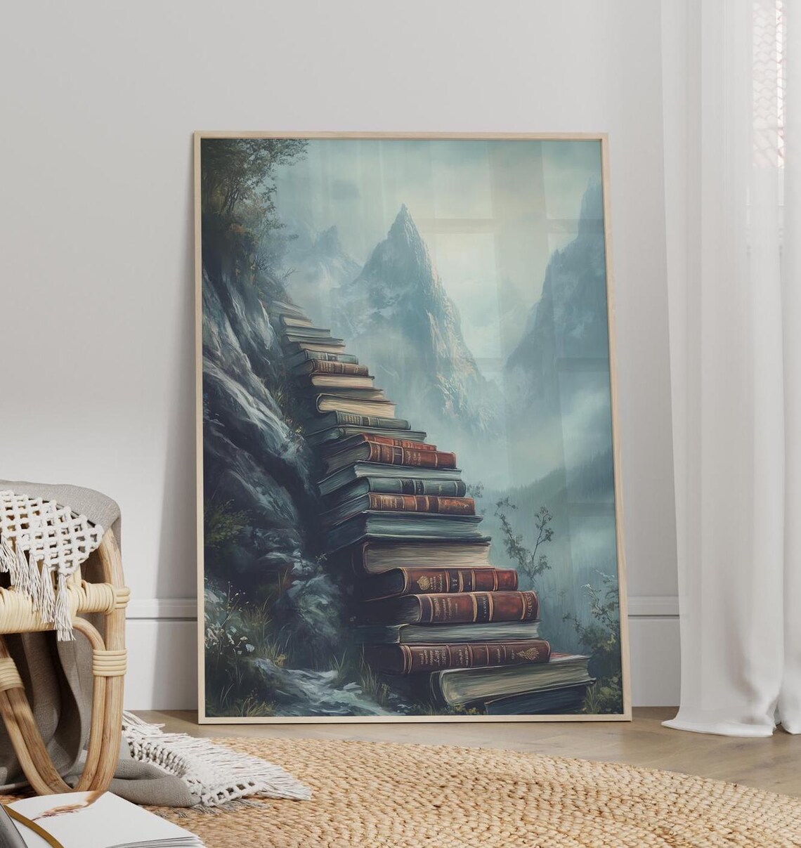 Surreal Stack of Vintage Books Forming Mountain Stairway Wall Poster