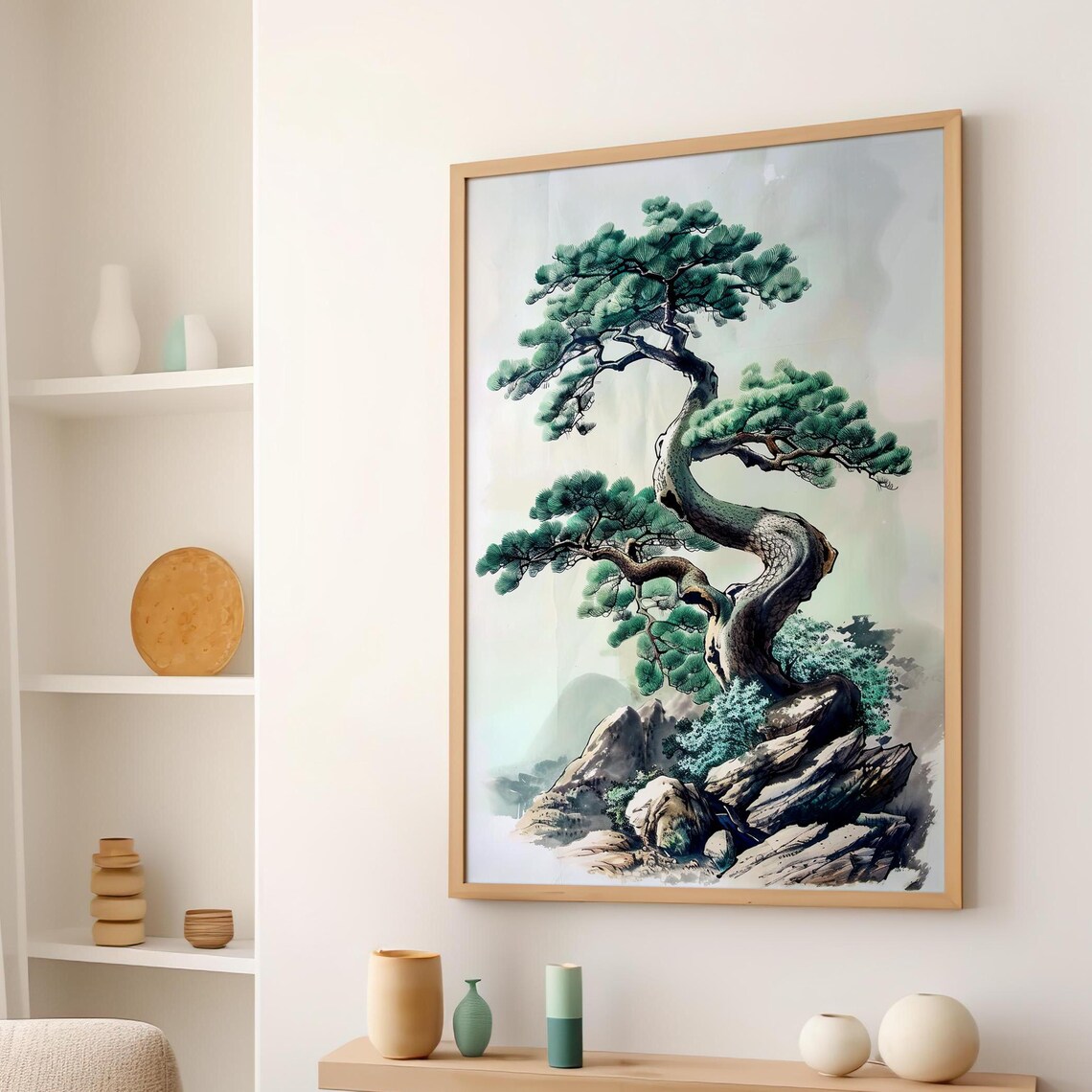 Japanese Bonsai Pine Tree on Rocky Cliffs Watercolor Zen Poster