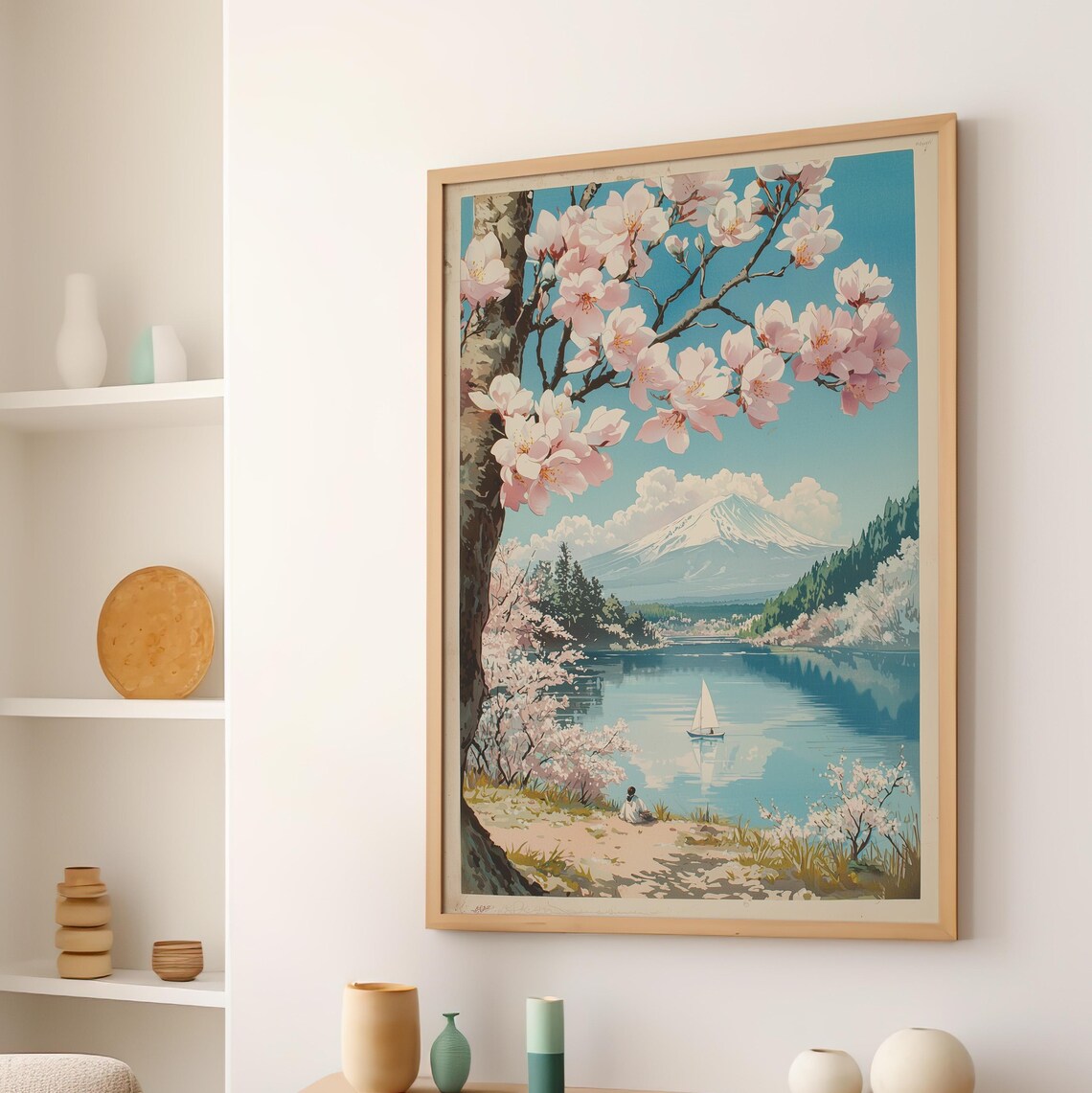 Mount Fuji Cherry Blossom Lake Sailboat Vintage Japan Travel Poster - Image 3