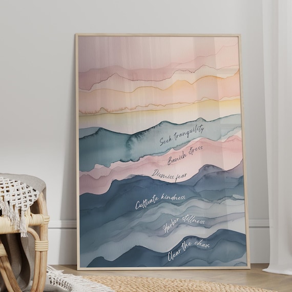 Seek Tranquility Banish Stress Watercolor Wellness Quote Wall Art