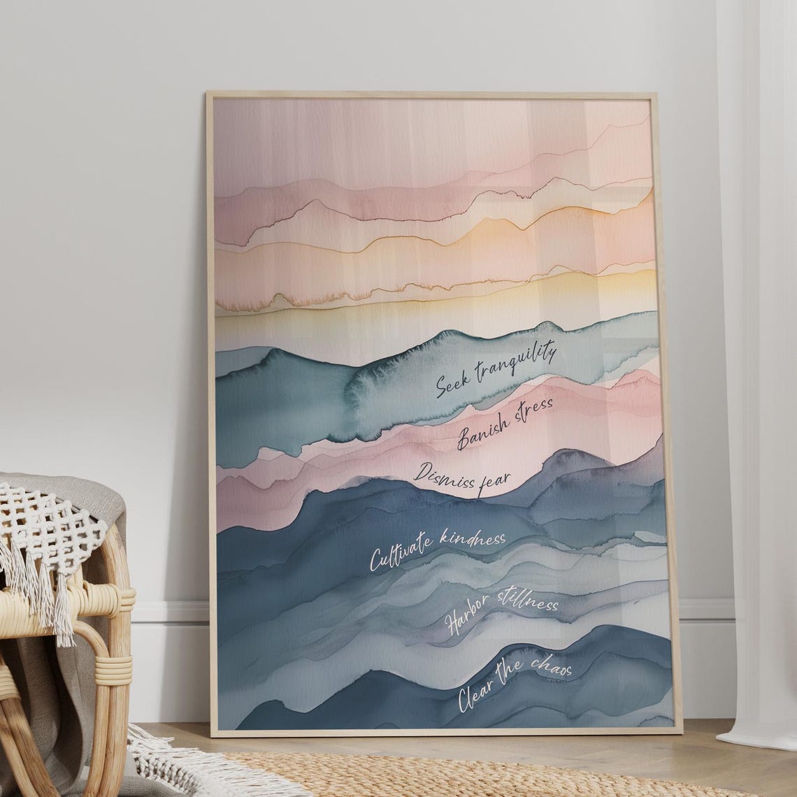Seek Tranquility Banish Stress Watercolor Wellness Quote Wall Art