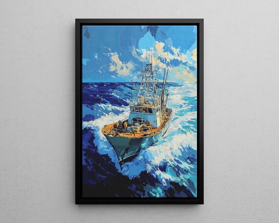 Fishing Trawler In The Blue Ocean Dramatic Nautical Art Poster