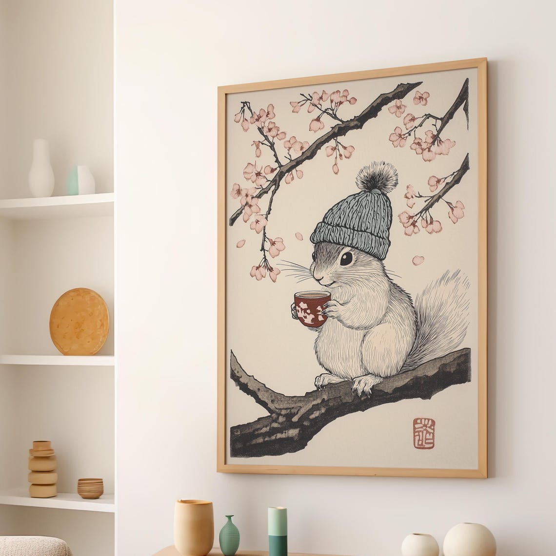 Cute Squirrel with Beanie Drinking Tea Cherry Blossom Japanese Poster - Image 3