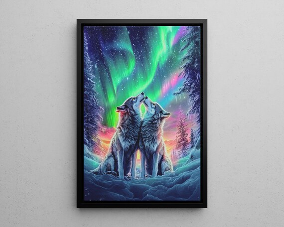 Beautiful Direwolves In The Snow Under Northern Lights Art Print Poster Or Canvas Colorful Wolf Love Winter Landscape Animal Wall Decor