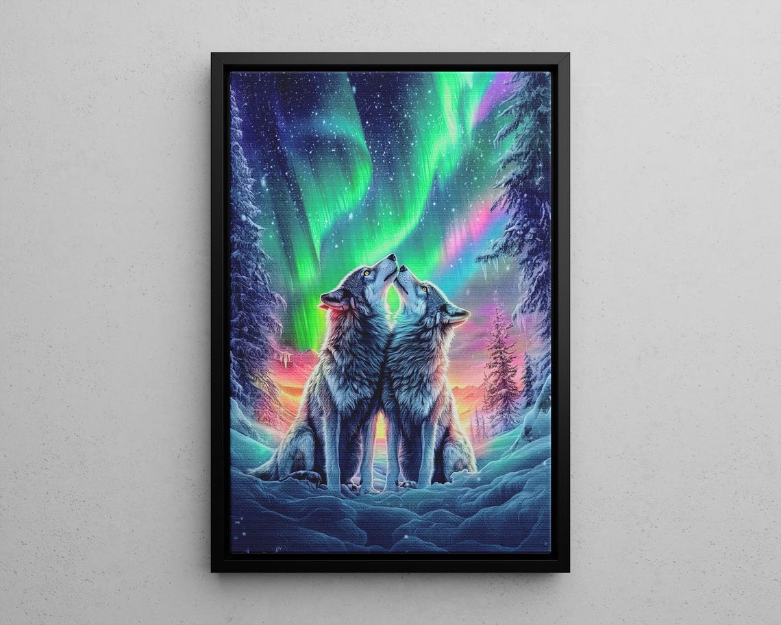 Two Wolves Howling Beneath the Northern Lights Winter Art Poster