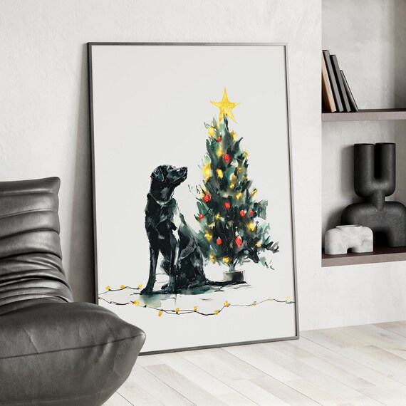 Black Labrador with Christmas Tree Festive Watercolor Holiday Print