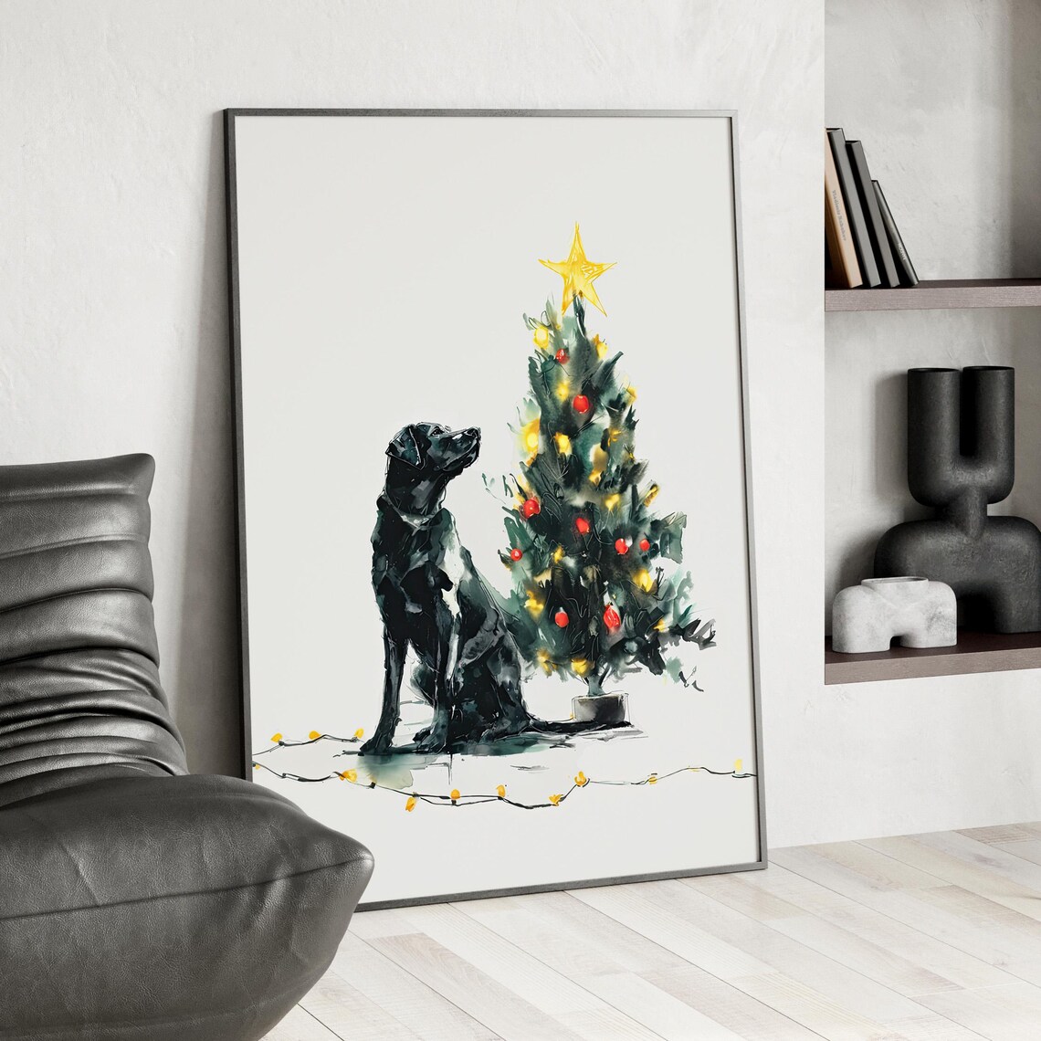 Black Labrador with Christmas Tree Festive Watercolor Holiday Print