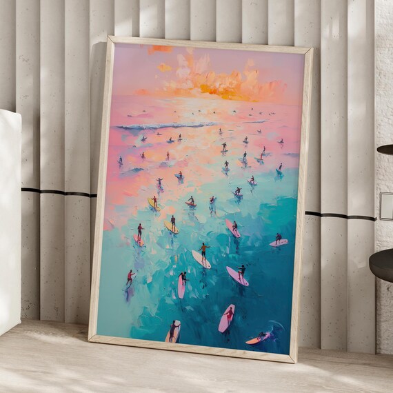 Pink Blue Surf Oil Painting Poster Or Canvas Print Aerial View Surfing Beachy Ocean Wall Art Vintage Summer Girly Decor
