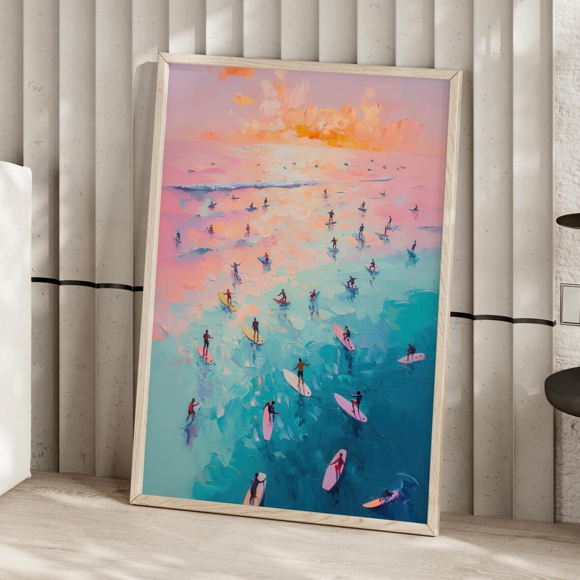 Aerial Surfers At Sunset Pink Blue Ocean Oil Painting Poster
