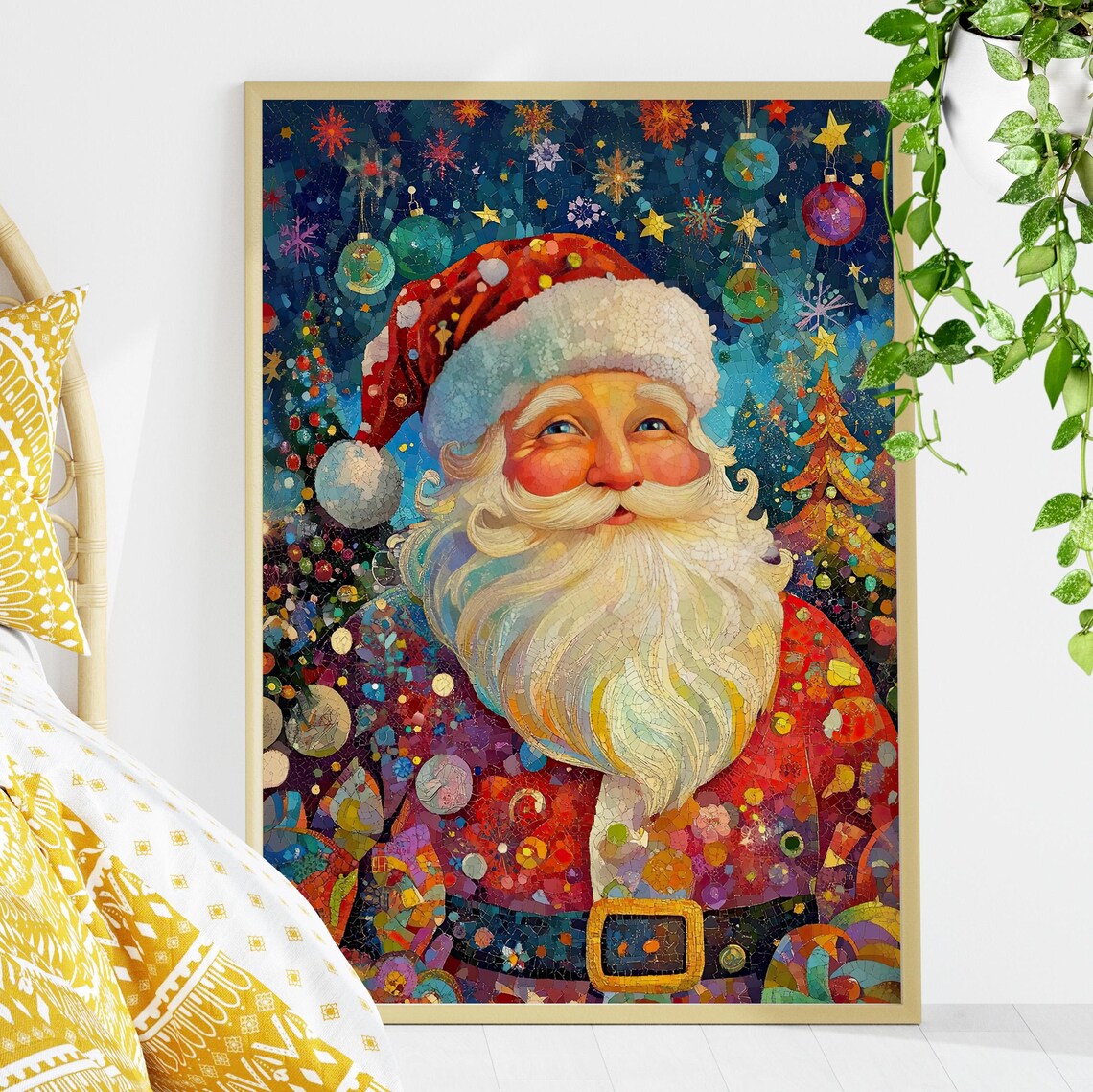 Whimsical Mosaic Santa Claus Christmas Portrait Colorful Holiday Poster