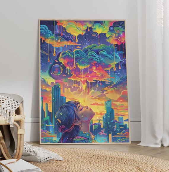 Surreal Neon Woman Gazing At Colorful Dripping Cloud Cityscape Poster