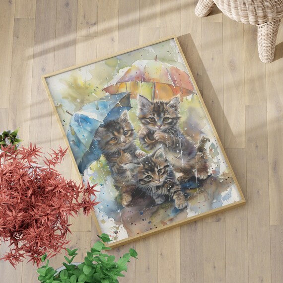 Three Kittens under a Colorful Umbrella Watercolor Painting Poster