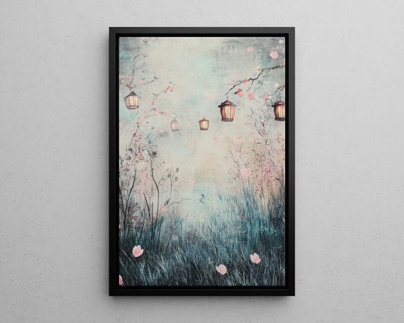 Japanese Lanterns Whimsical Wonderland Painting Poster Or Print Magical Forest Nature Wall Art Japanese Misty Landscape Art Print
