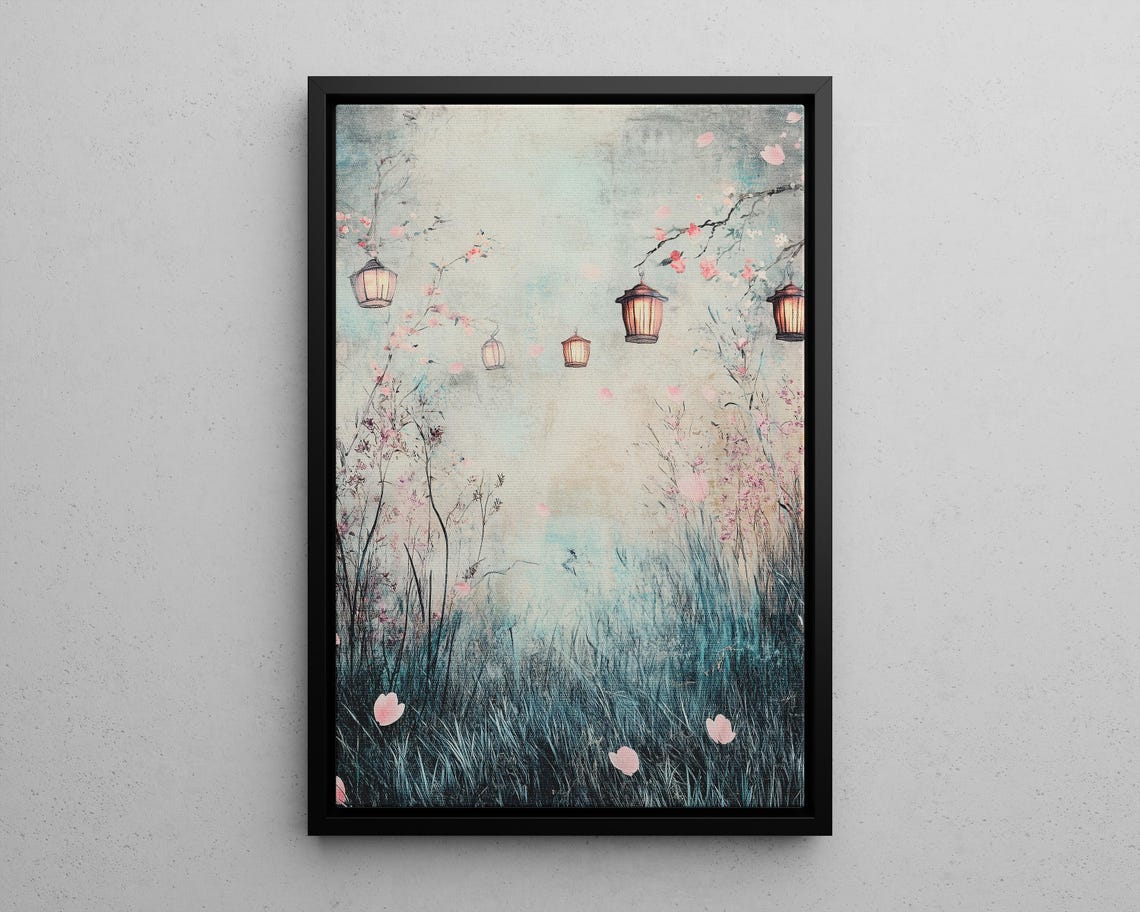 Japanese Paper Lanterns Cherry Blossom Whimsical Painting Poster