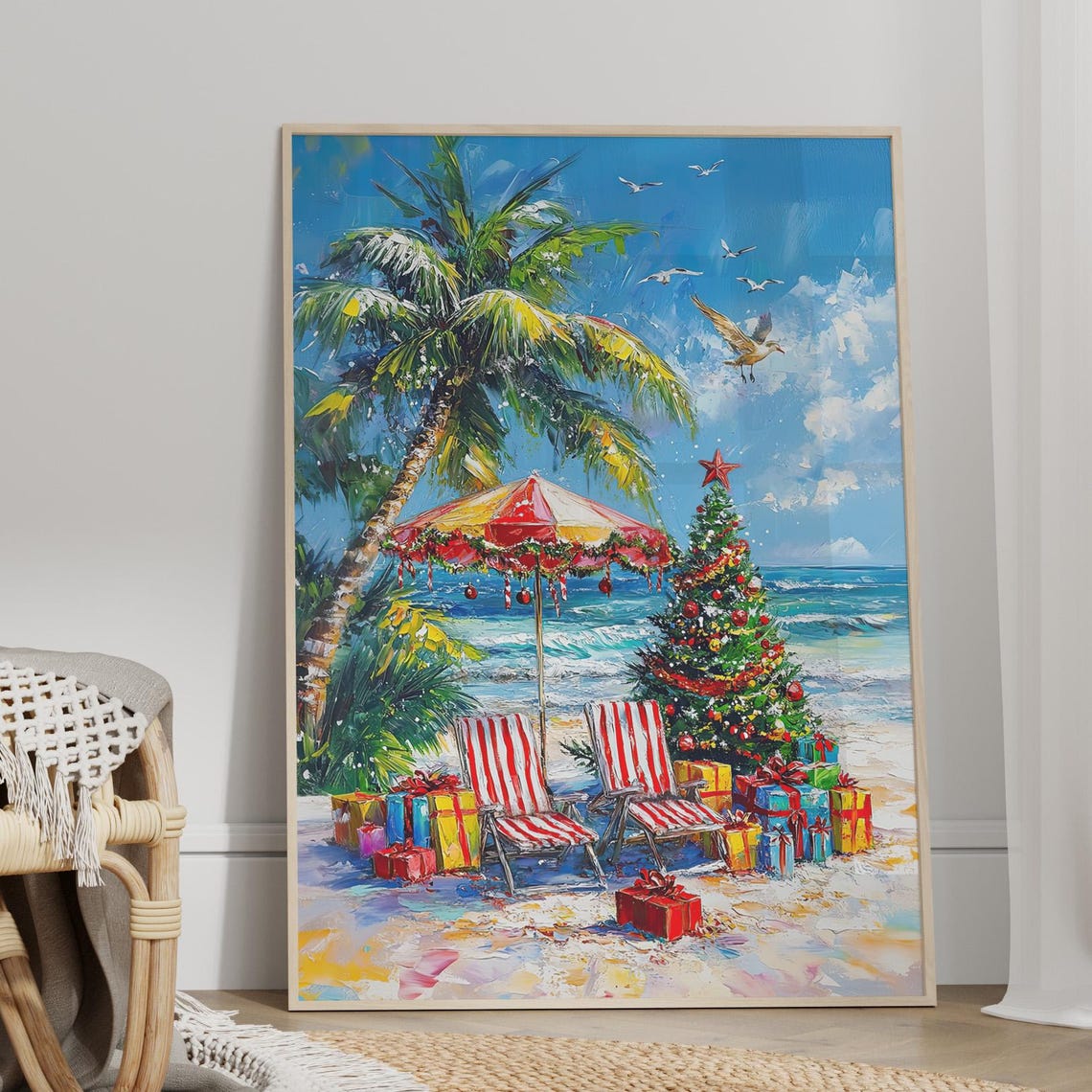 Tropical Beach Christmas Palm Tree With Gifts Holiday Coastal Wall Art