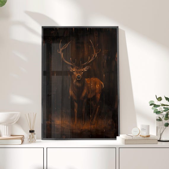Deer Oil Painting Poster Or Canvas Print Moody Rustic Dark Academia Wall Art Whimsigoth Wildlife Realistic Animal