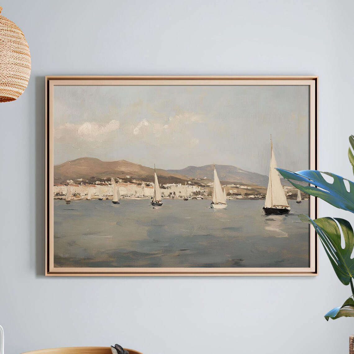 Vintage Sailboats Muted Seascape Coastal Town Oil Painting Poster