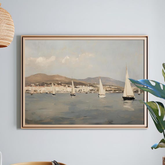 Paphos Cyprus Port Vintage Oil Painting Poster Or Canvas Print Mediterranean Wall Art Antique Coastal Muted Landscape Moody