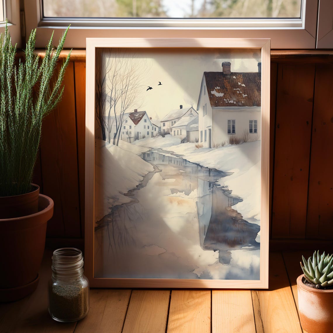 Snowy Village Stream Winter Watercolor Whitewashed Houses Art Print - Image 4