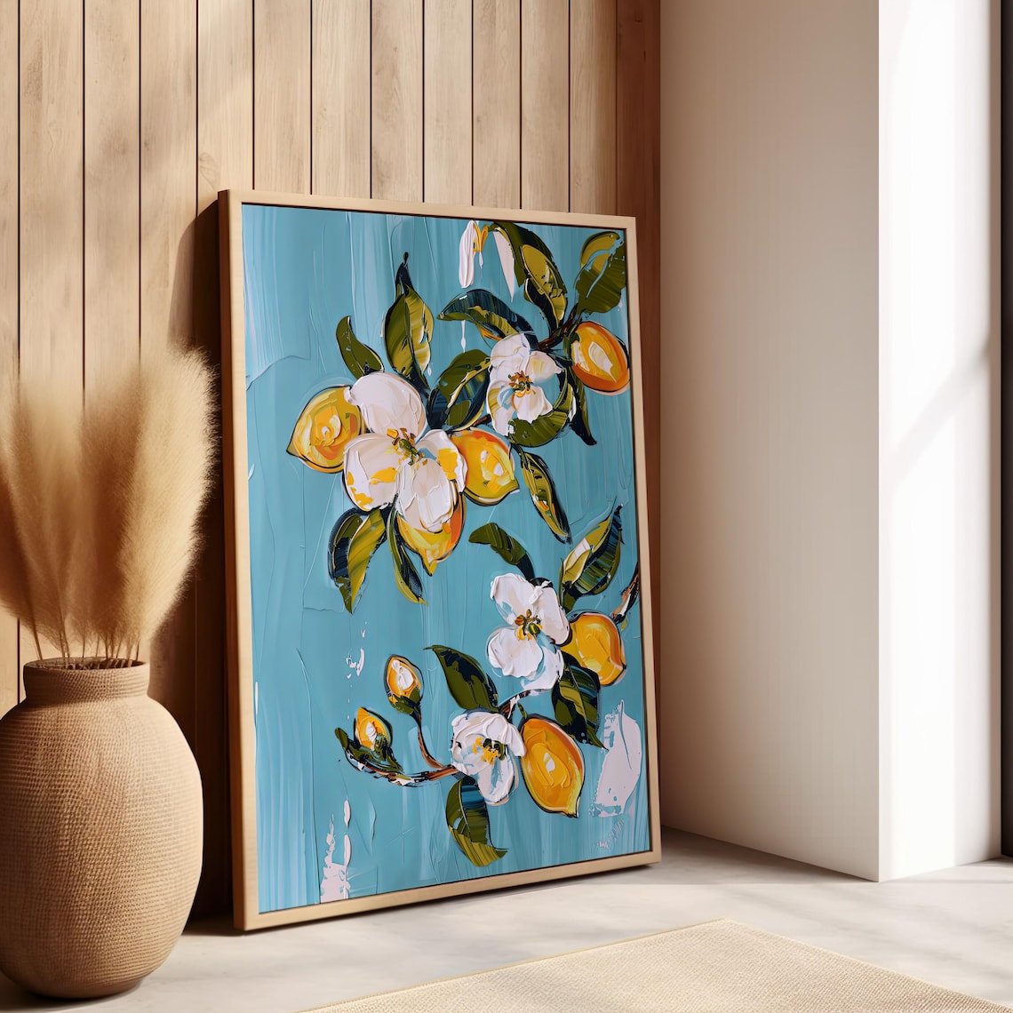 Lemon Blossom Branch Turquoise Floral Impasto Painting Wall Art