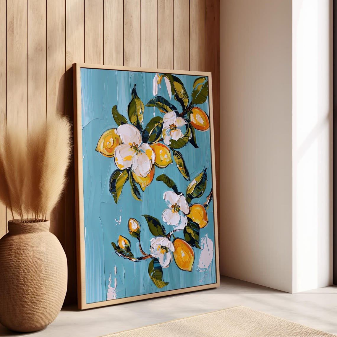 Lemon Tree Branch Floral Painting Poster Or Canvas Print White Flowers And Lemons Abstract Botanical Fruit Art