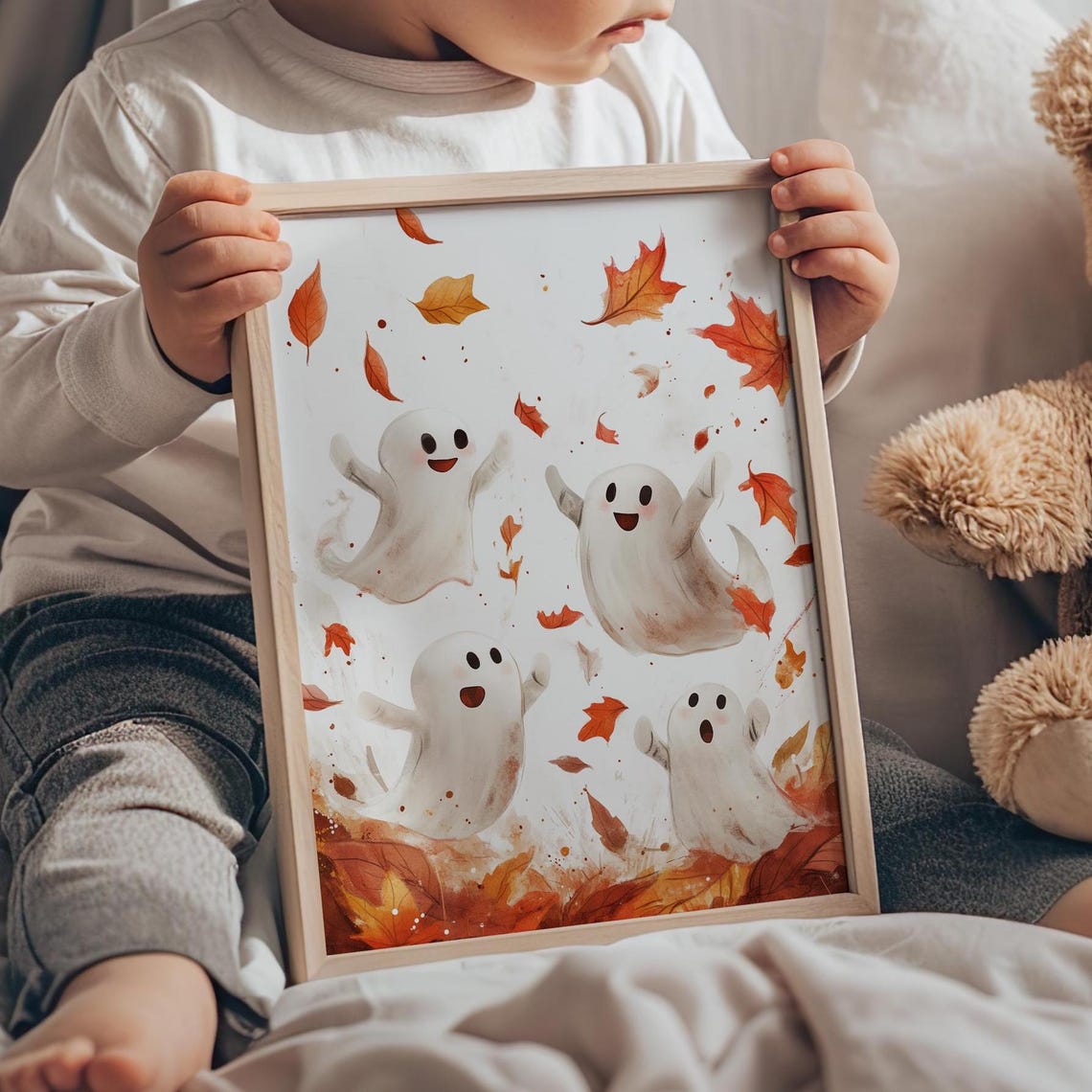 Friendly Ghosts Having Fun With Fall Leaves Watercolor Wall Art Poster Or Canvas Print Cute Halloween Nursery Decor Boo