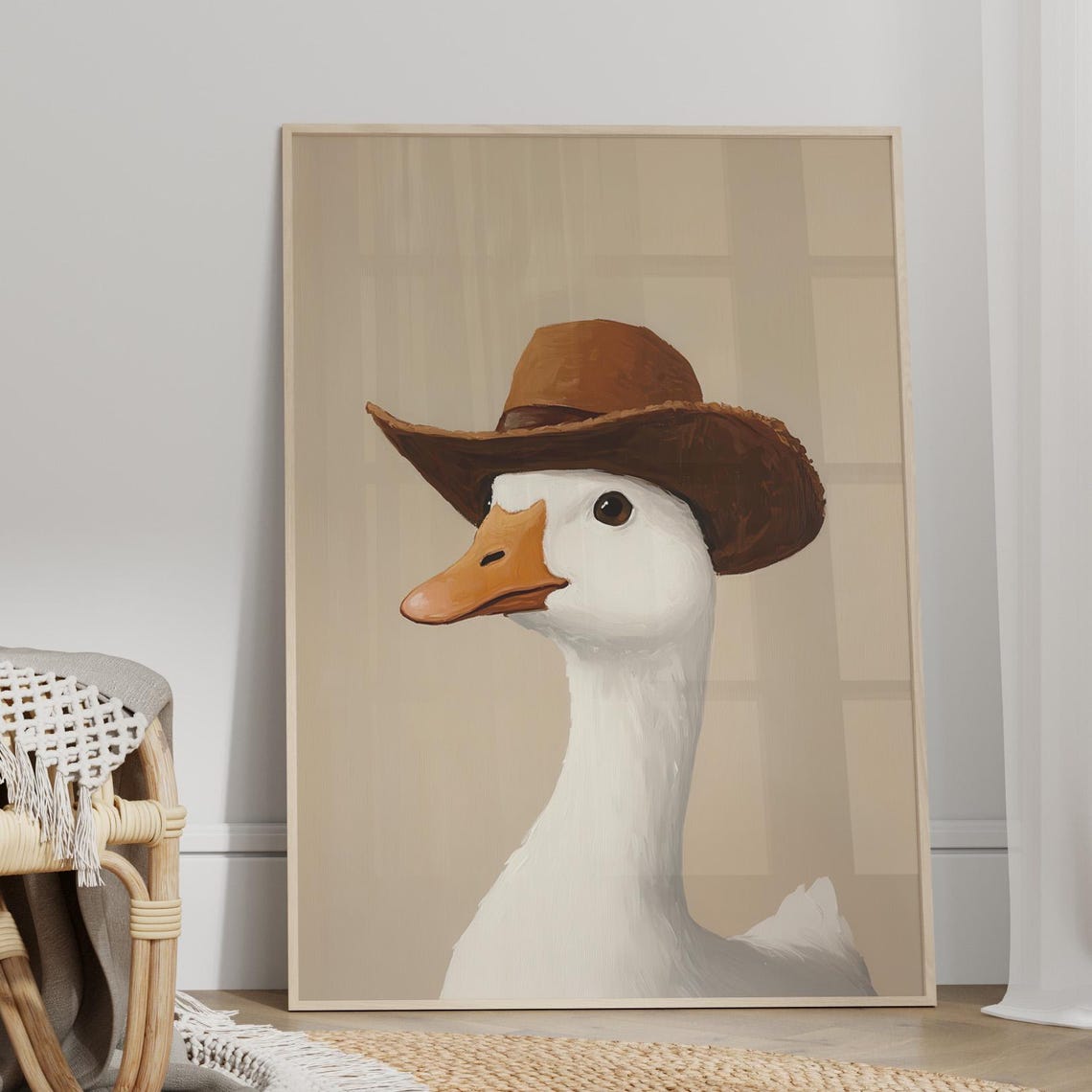 White Goose Wearing Brown Cowboy Hat Western Nursery Funny Poster