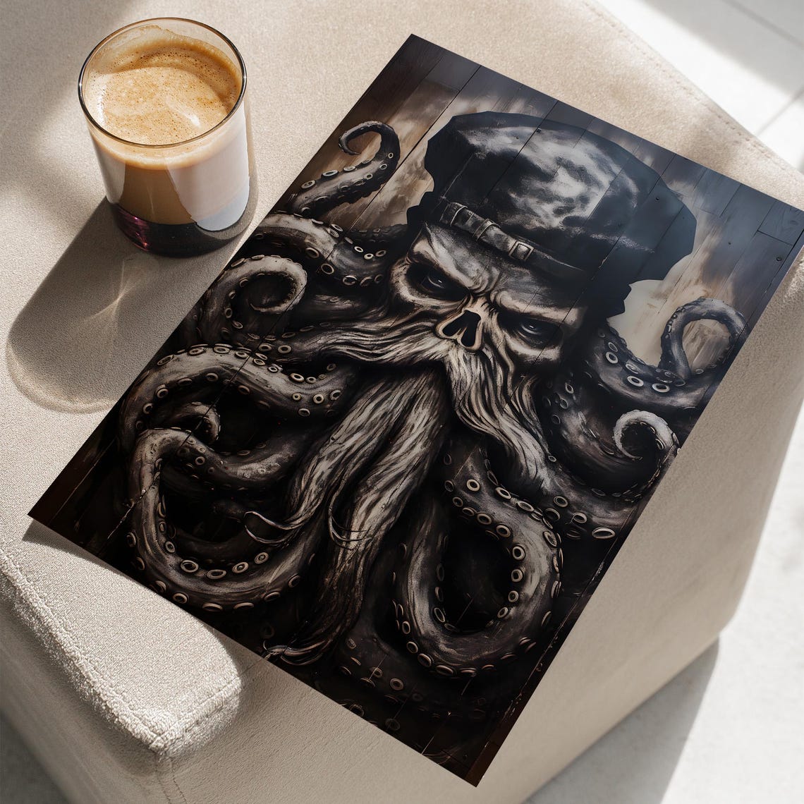 Kraken Pirate Captain Wood Painting Dark Nautical Wall Poster