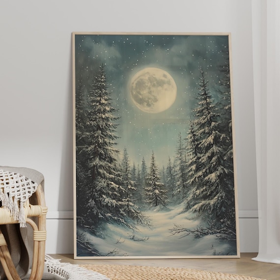 Full Moon Over Snowy Pine Forest Winter Night Sky Scene Poster