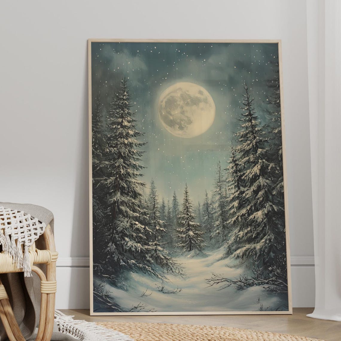 Full Moon Over Snowy Pine Forest Winter Night Sky Scene Poster