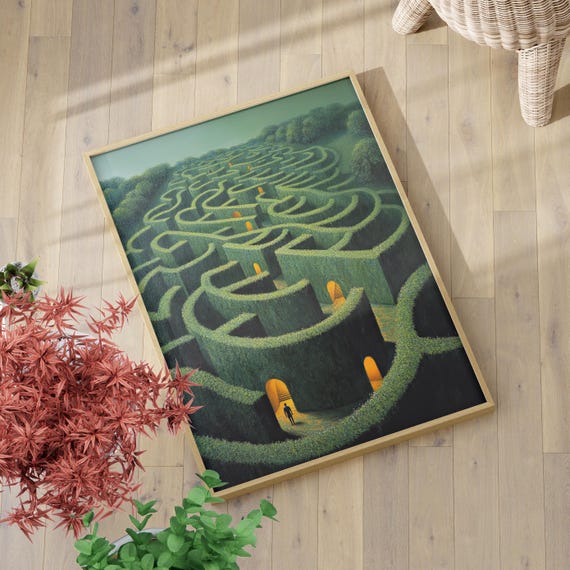 Magical Hedge Maze Fantasy Wall Art Poster Or Canvas Print Whimsical Garden Scene Geometric Abstract Greenery Decor