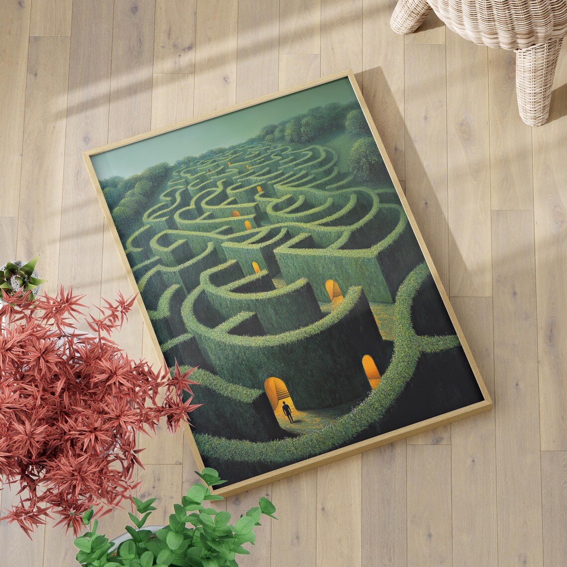 Magical Emerald Green Hedge Maze Fantasy Garden Scene Art Poster