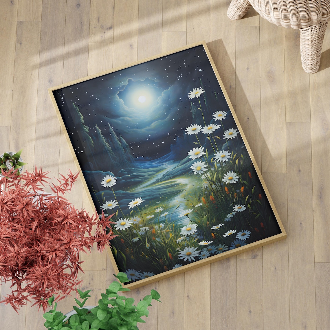 Moonlit Daisy Meadow Night Sky Glowing Stream Magical Floral Poster