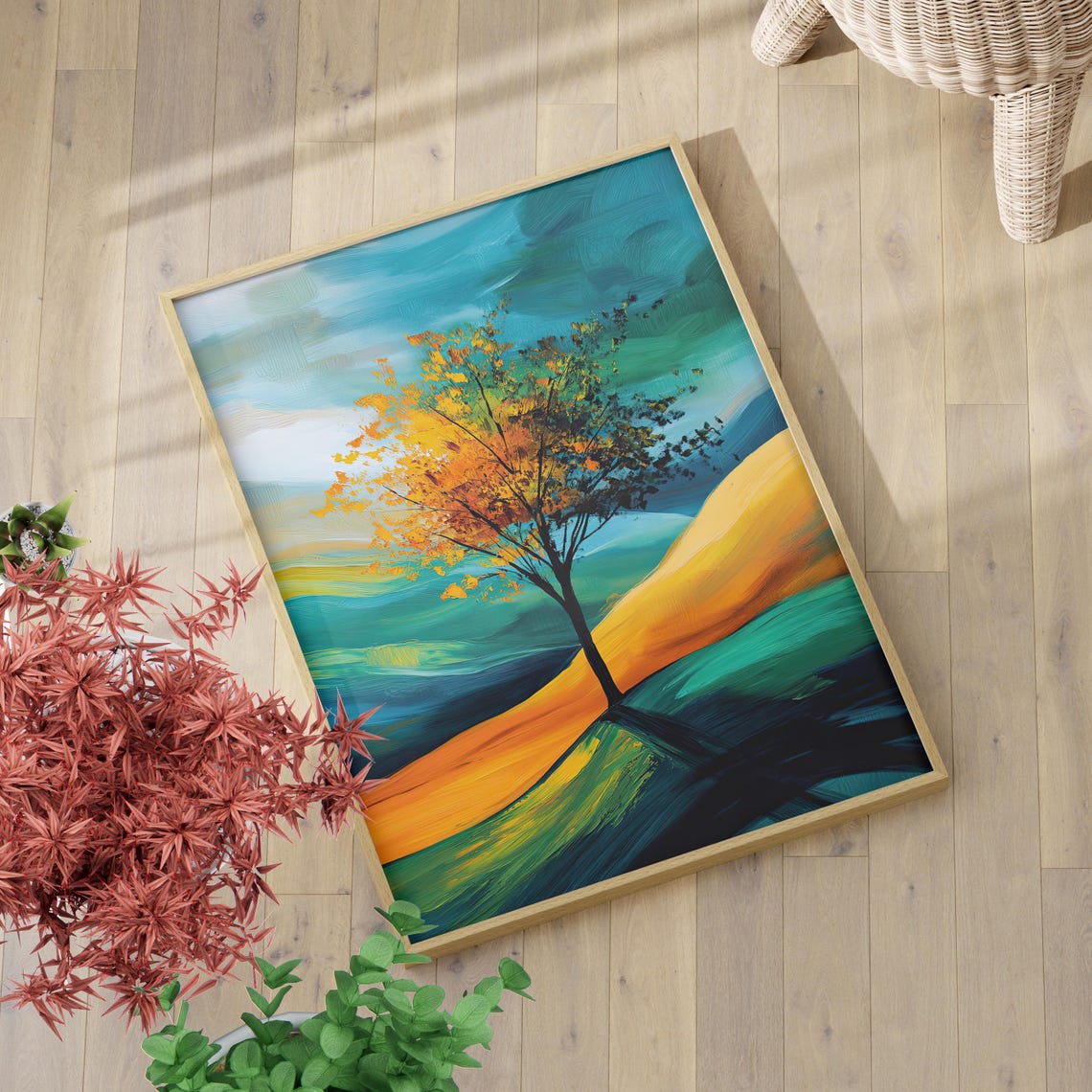 Abstract Golden Tree Rolling Teal Hills Dreamy Landscape Poster