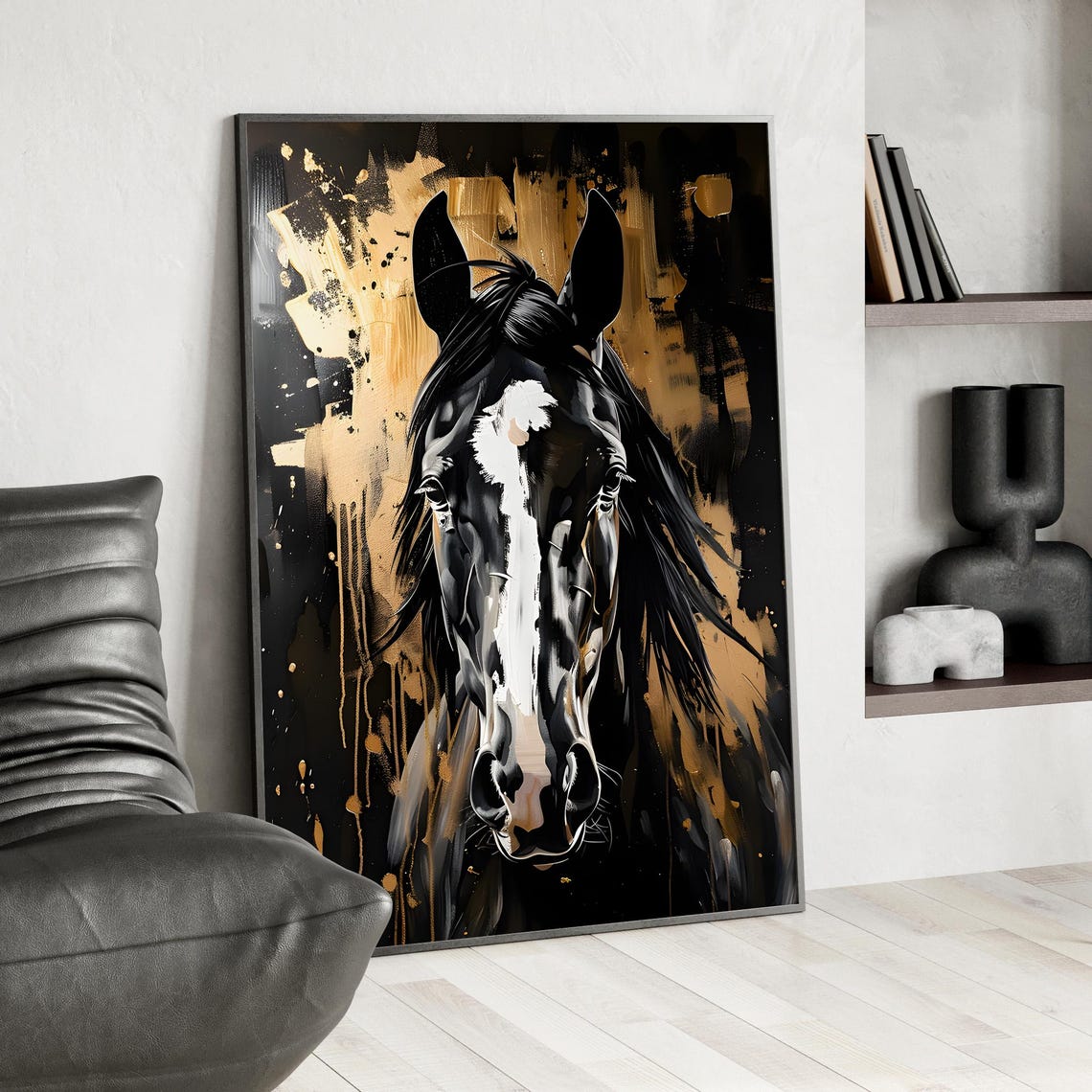 Black Horse With Gold Brushstroke Elegant Equestrian Stallion Poster