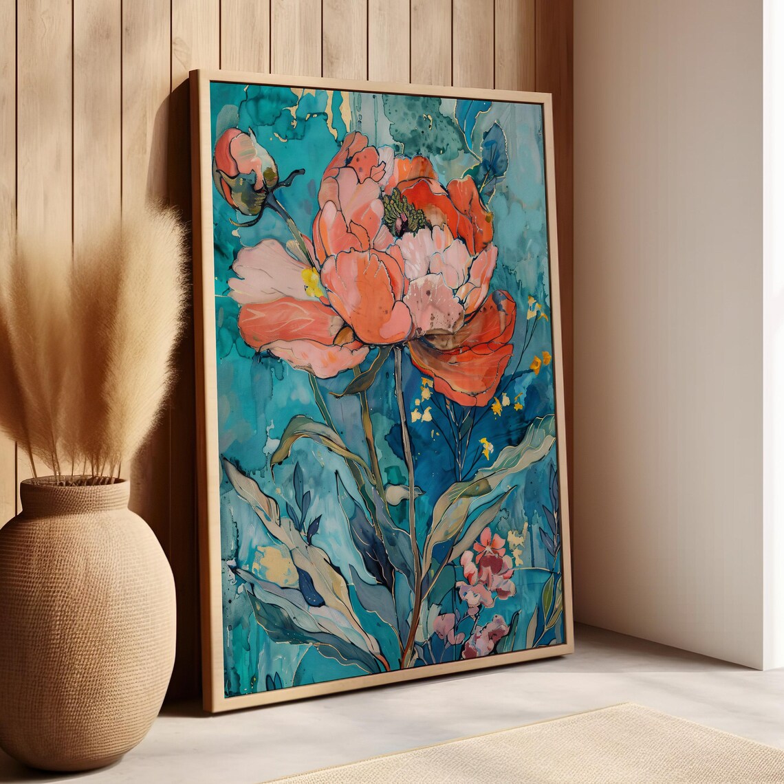 Impressionist Peony Poster In Coral Orange On Teal Watercolor Florals