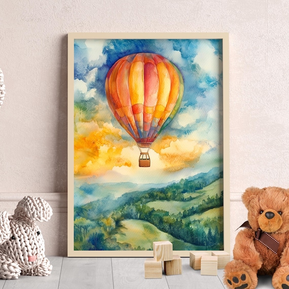 Colorful Hot Air Balloon Watercolor Nursery Kids Room Wall Art