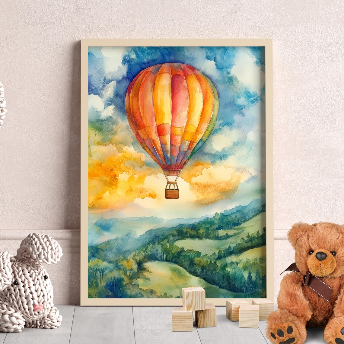 Colorful Hot Air Balloon Watercolor Nursery Kids Room Wall Art