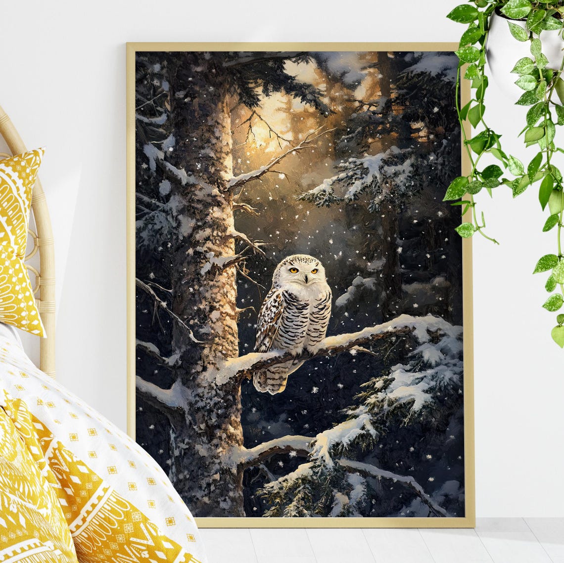 Snowy Owl On Branch Sunlit Winter Forest Oil Painting Poster