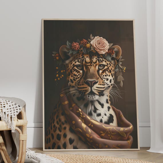 Royal Leopard Portrait With Flowers And Silk Vintage Oil Painting Art Print Or Canvas Shawl Animal Dark Moody Poster