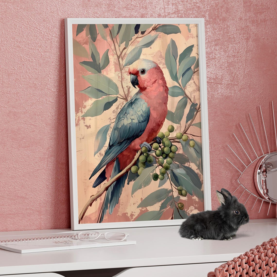Australian Galah Parrot on Wattle Branch Vintage Bird Poster