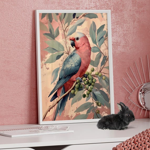 Australian Galah Parrot On A Wattle Tree Branch Oil Painting Poster Or Canvas Print Tropical Bird Vintage Wall Art Botanical Home Decor