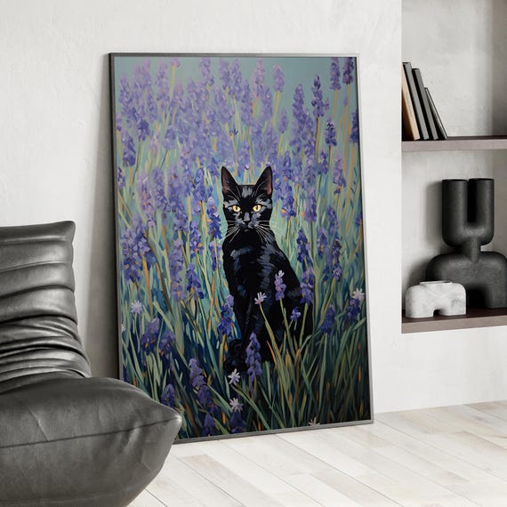 Claude Monet Inspired Lavender Cat Art Print Or Canvas Whimsical Painting With Vibrant Colors Botanical Lover Poster Gift