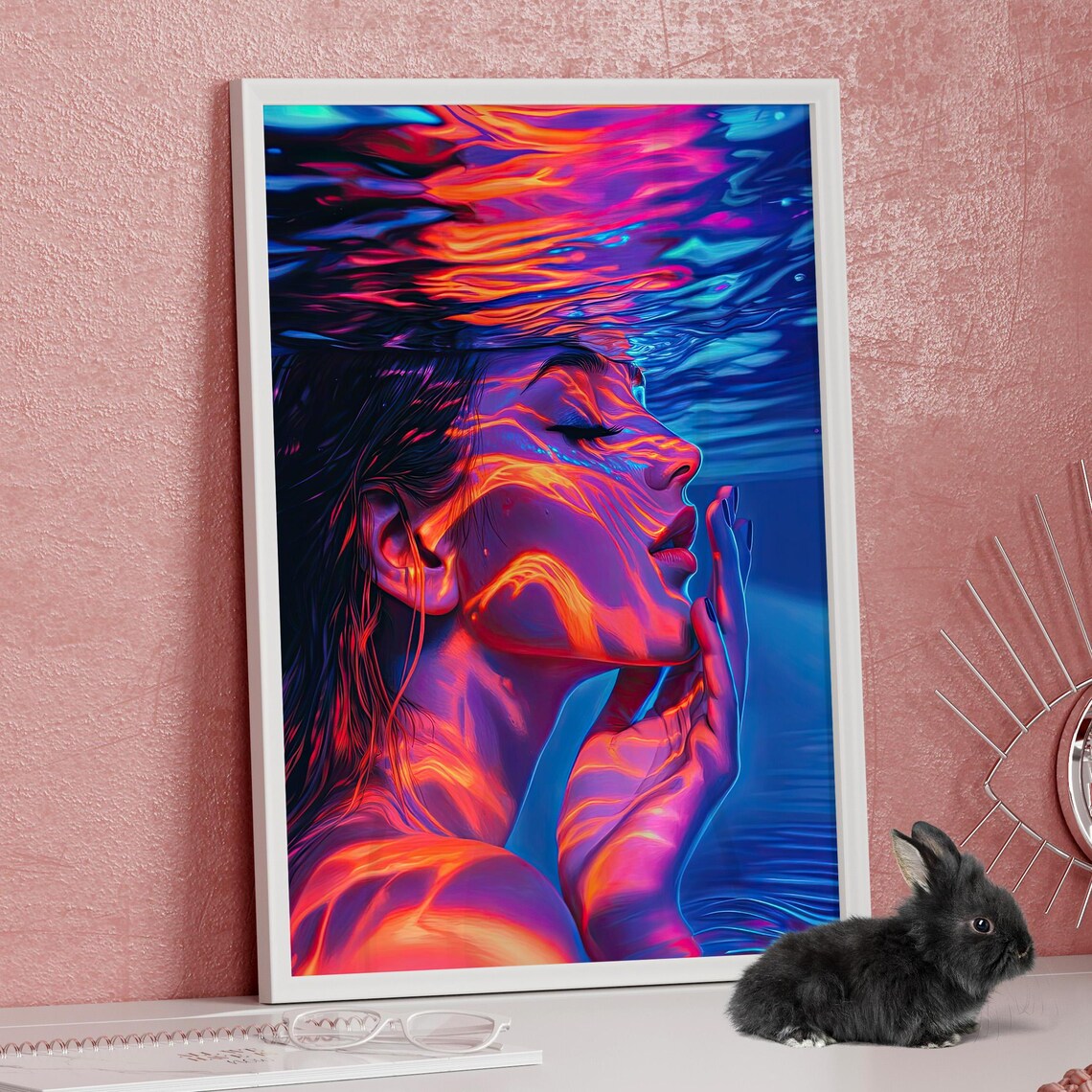 Neon Glow Woman Portrait Underwater Aquatic Vibrant Wall Art