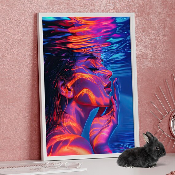Neon Beautiful Woman Submerged Underwater Portrait Poster Or Canvas Art Print Vibrant Glowing Reflections Aquatic Wall