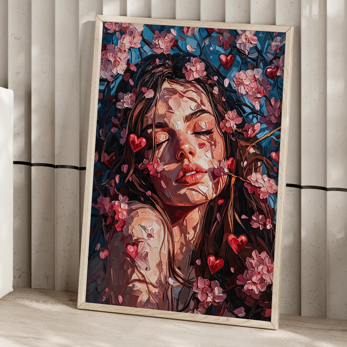 Woman With Cherry Blossoms Impasto Oil Floral Portrait Art Print