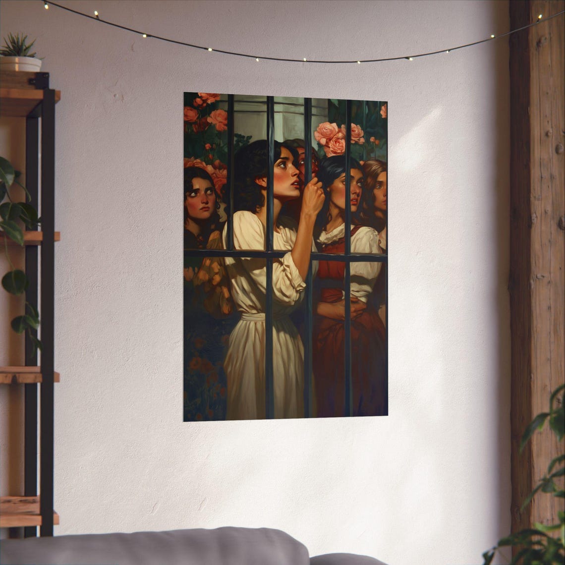 Women Behind Iron Gate Roses Vintage Classical Painting Poster - Image 4