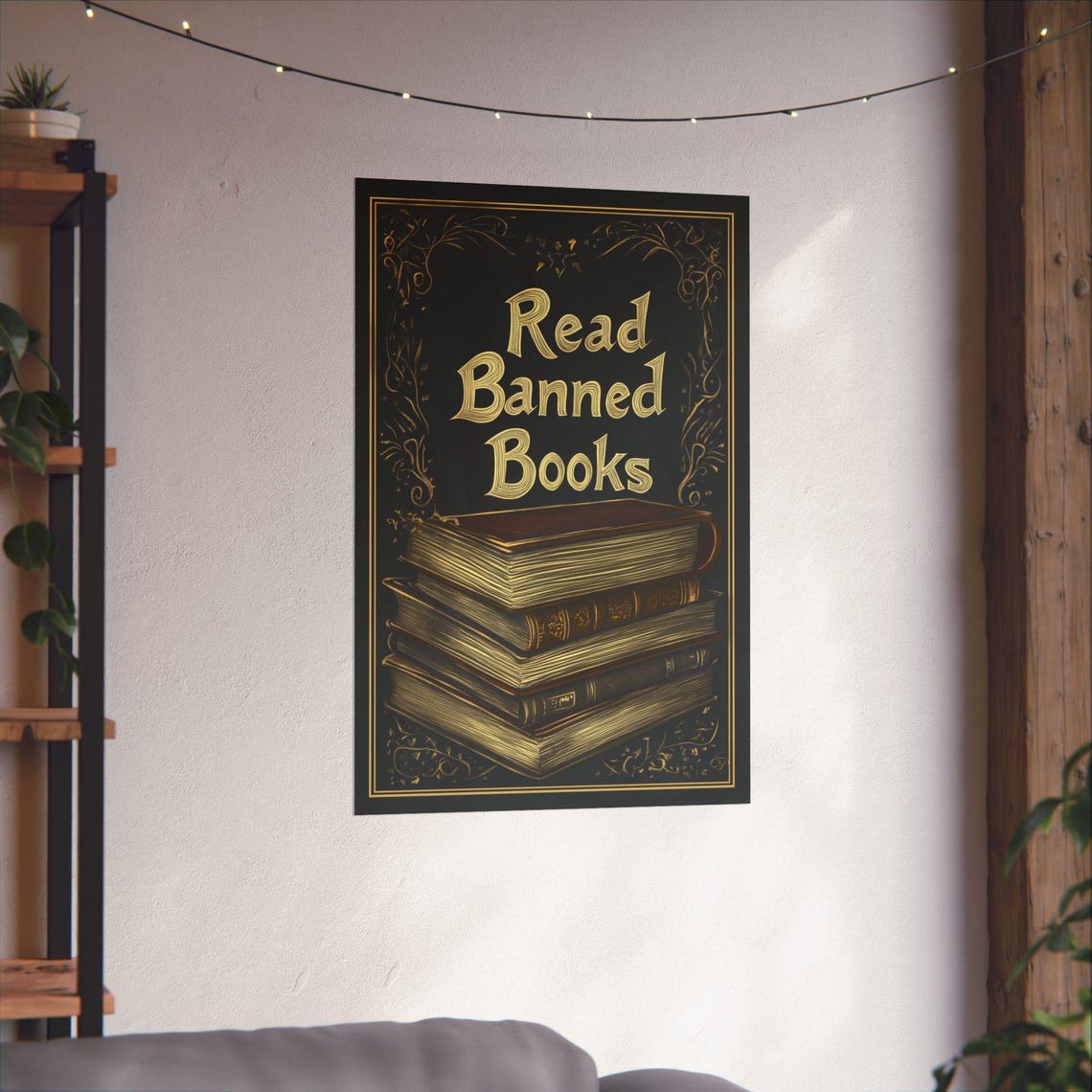 Read Banned Books Vintage Book Stack Black Gold Library Art Poster - Image 4