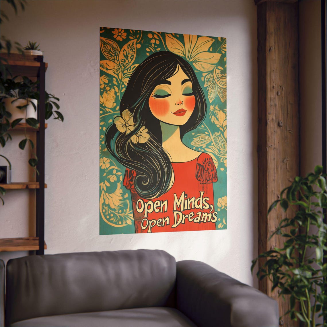 Open Minds Open Dreams Vintage Retro Girl Floral Quote Art Poster - Image 2