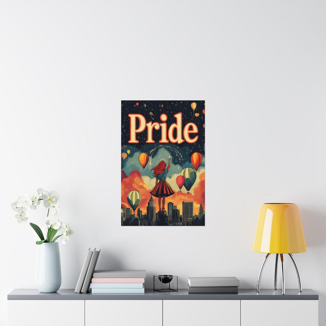 Pride Balloon Girl Over City Skyline Starry Night Sky Poster - Image 2